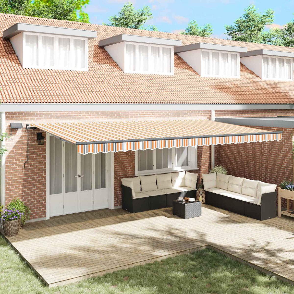 Manual Awning with Solar LED 6 x 3 m 100% Polyester with Anthracite Frame Drop 300 cm Width 600 cm Orange/grey/blue/white