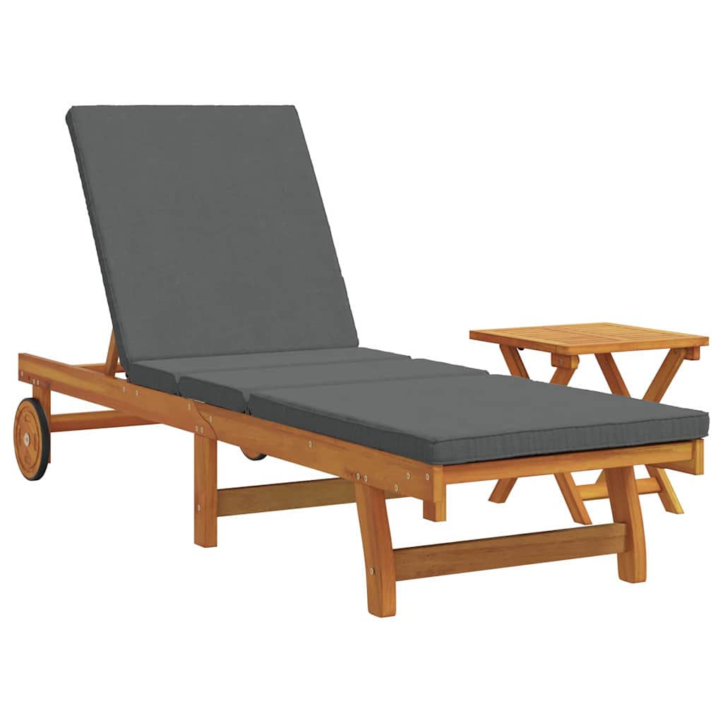 Sun Lounger 2 pcs Solid Acacia Wood Brown Dark grey Sun lounger +table