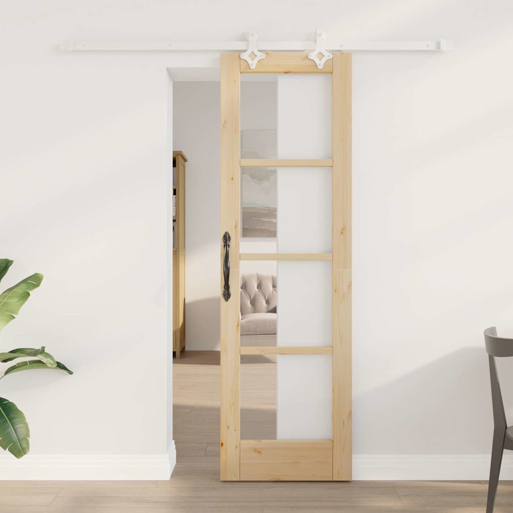 vidaXL Sliding Door 61 x 198.5 cm Solid Pine Wood and Glass Natural 1