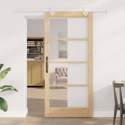 vidaXL Sliding Door 93 x 202 cm Solid Pine Wood and Glass Natural 1