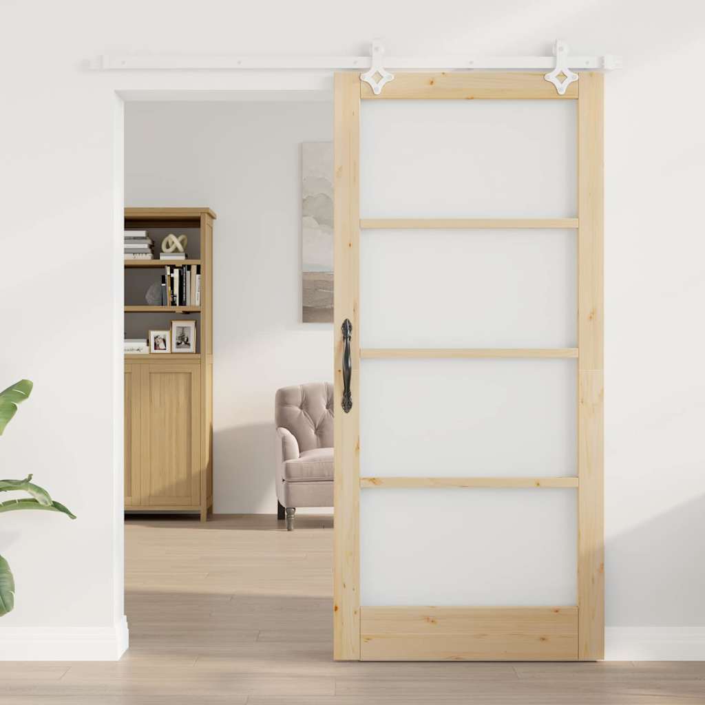 vidaXL Sliding Door 93 x 202 cm Solid Pine Wood and Glass Natural 3