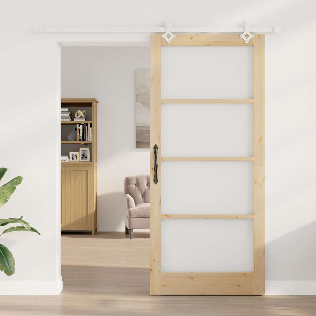 vidaXL Sliding Door 93 x 211 cm Solid Pine Wood and Glass Natural 3