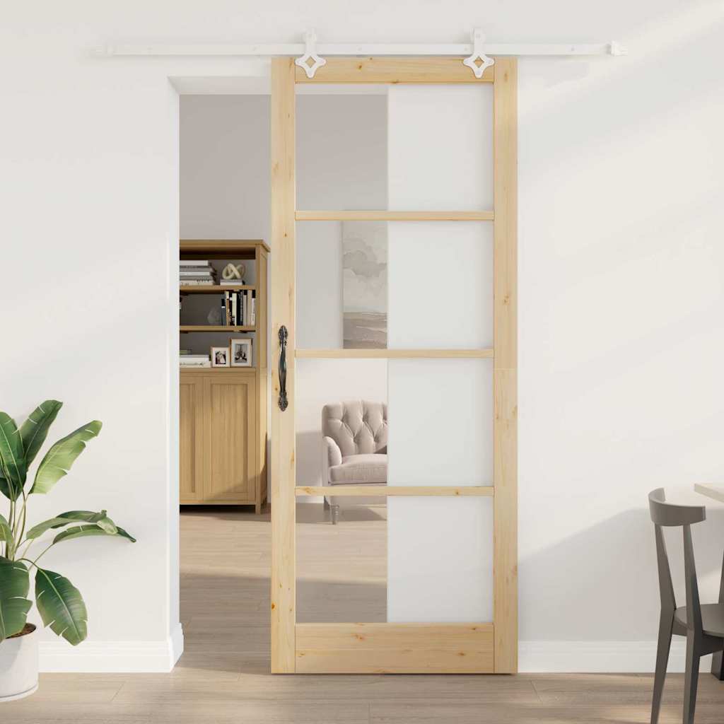 vidaXL Sliding Door 93 x 232 cm Solid Pine Wood and Glass Natural 1