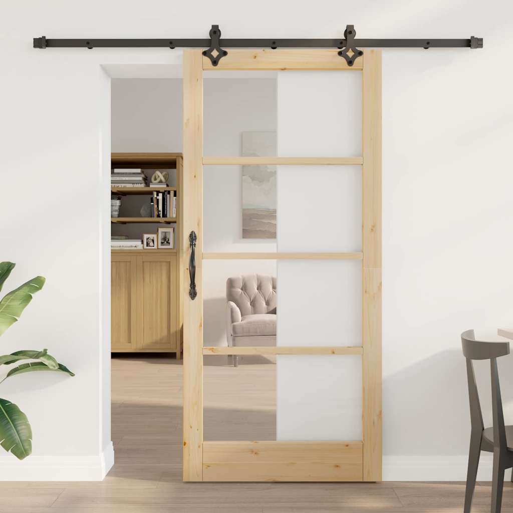 vidaXL Sliding Door Natural 93 x 202 cm Solid Pine Wood and Glass 1