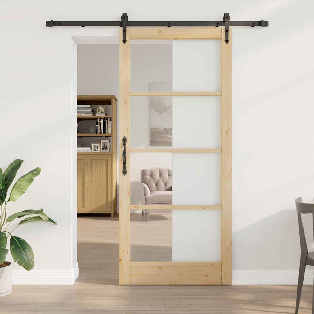 vidaXL Sliding Door 93 x 211 cm Solid Pine Wood and Glass Natural 1