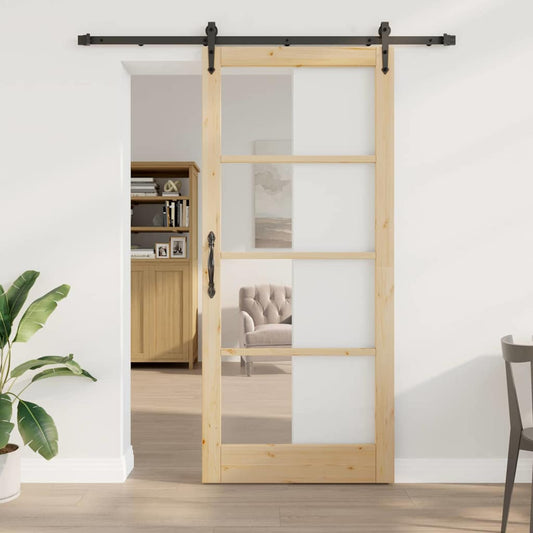 vidaXL Sliding Door 93 x 211 cm Solid Pine Wood and Glass Natural 1