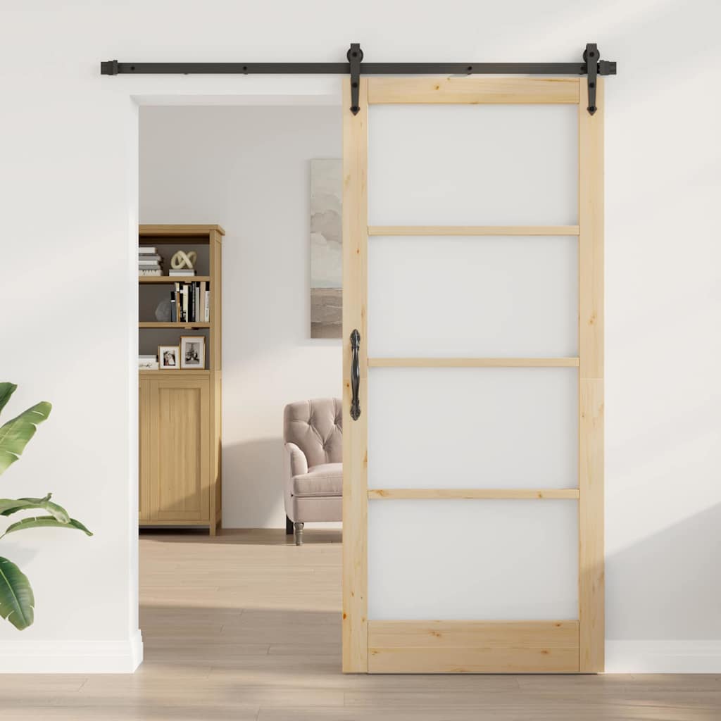 vidaXL Sliding Door 93 x 211 cm Solid Pine Wood and Glass Natural 3
