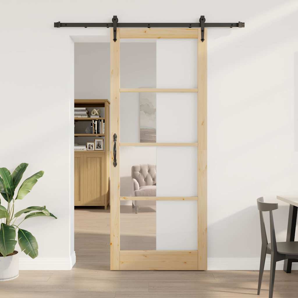 vidaXL Sliding Door 93 x 232 cm Solid Pine Wood and Glass Natural 1
