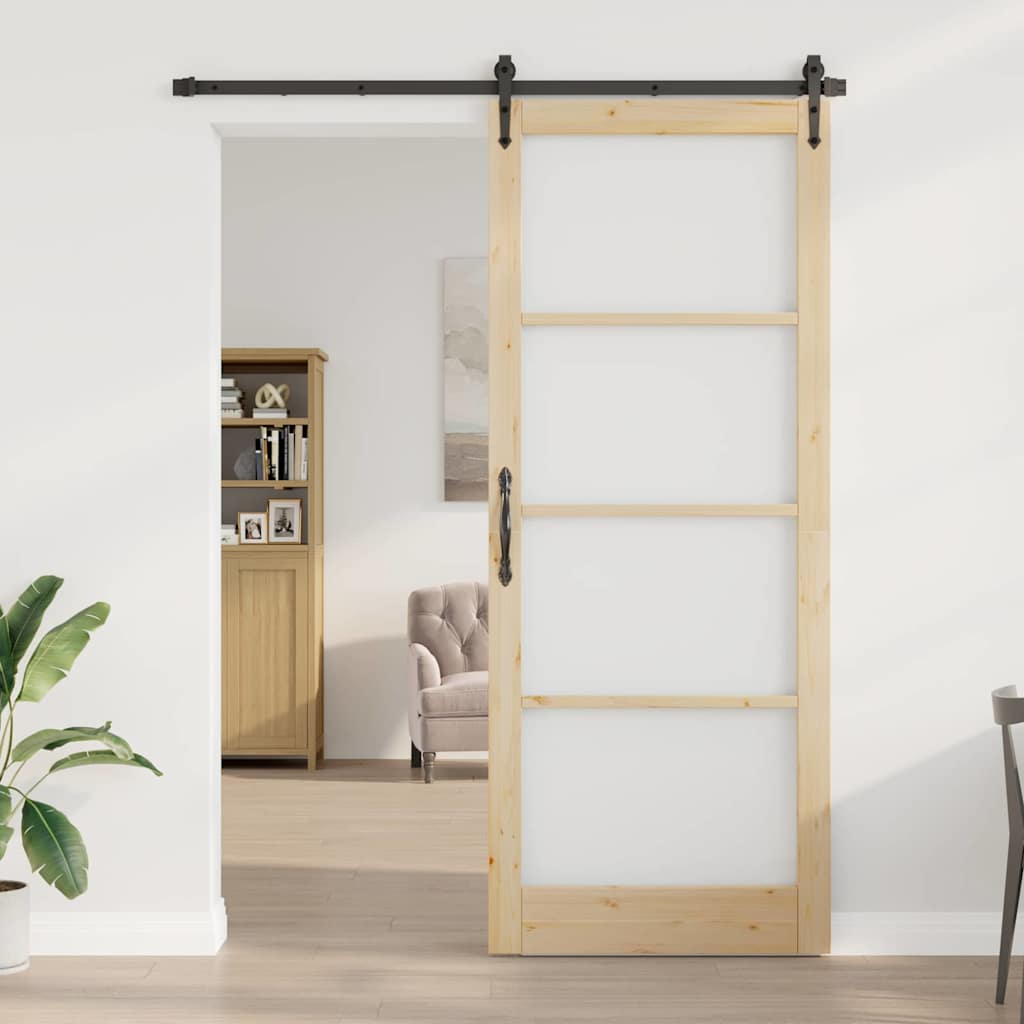 vidaXL Sliding Door 93 x 232 cm Solid Pine Wood and Glass Natural 3