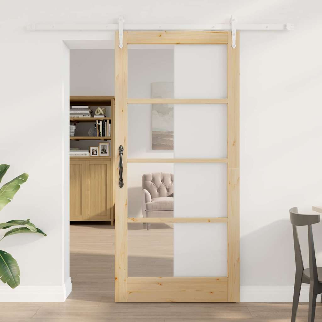 vidaXL Sliding Door 93 x 202 cm Solid Pine Wood and Glass Natural 1