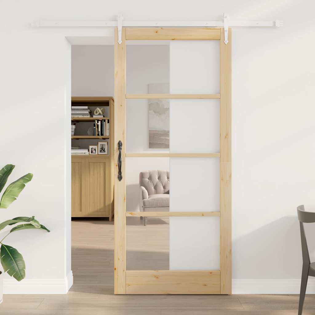vidaXL Sliding Door 93 x 211 cm Solid Pine Wood and Glass Natural 1