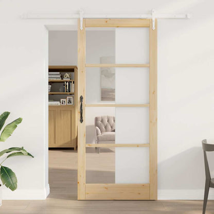 vidaXL Sliding Door 93 x 211 cm Solid Pine Wood and Glass Natural 1