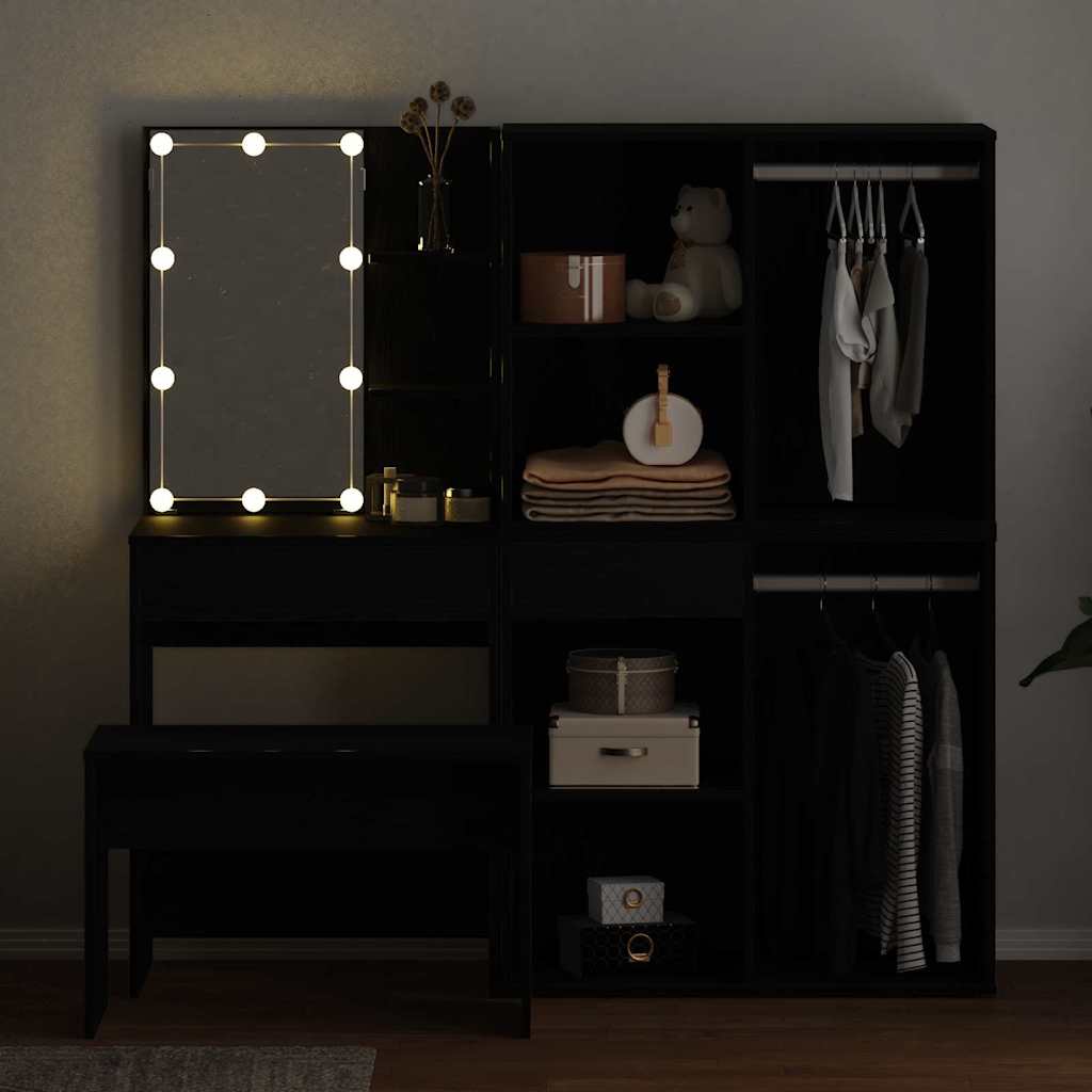 vidaXL Dressing Table Set with LED 4 pcs Black Oak Engineered Wood 4
