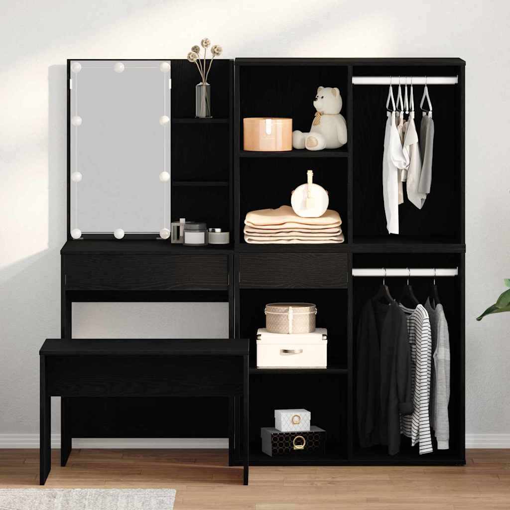 vidaXL Dressing Table Set with LED 4 pcs Black Oak Engineered Wood 1