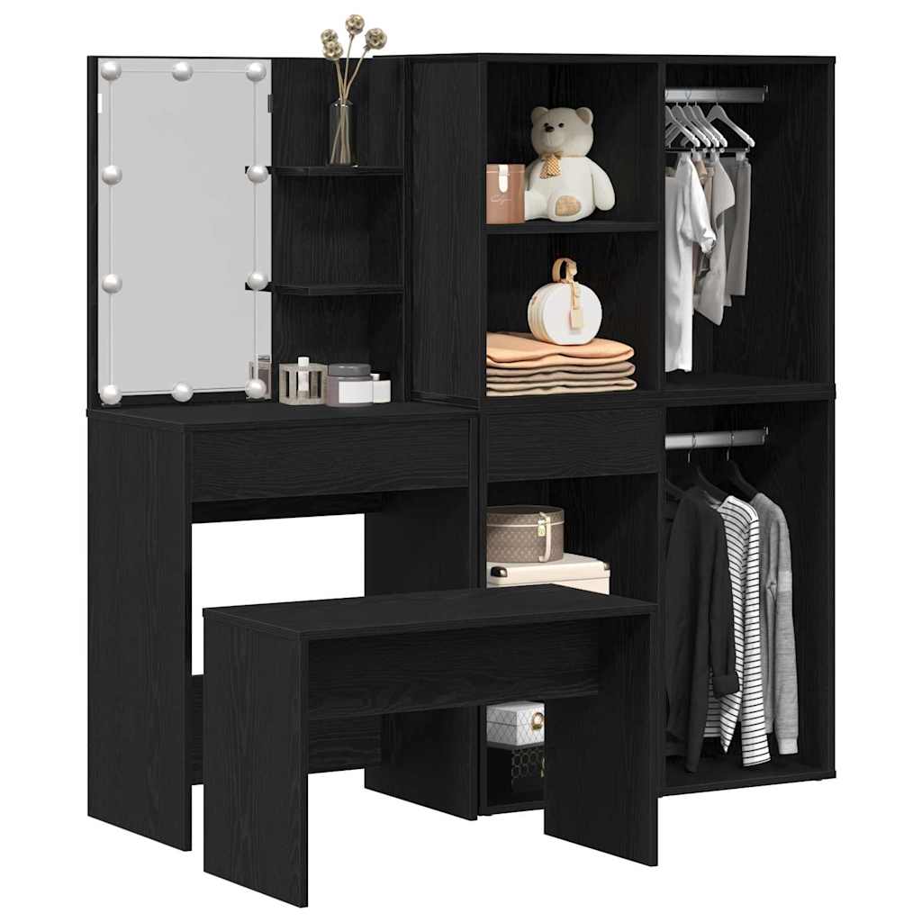 vidaXL Dressing Table Set with LED 4 pcs Black Oak Engineered Wood 3
