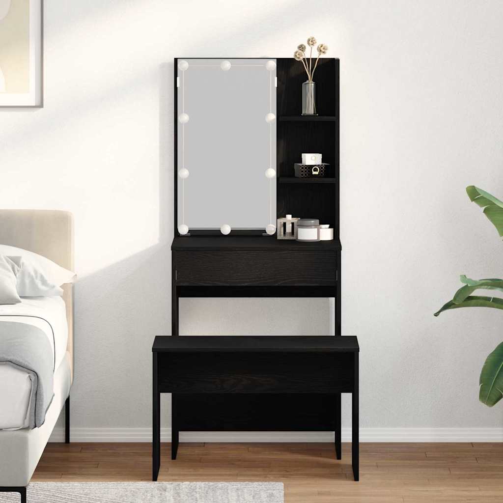Dressing Table Set with LED Engineered Wood Depth 40 cm Width 60 cm Black oak