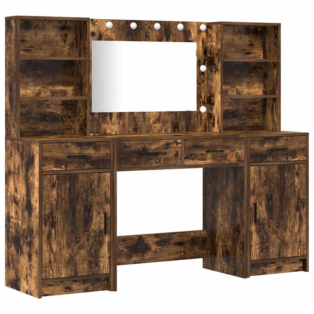 Dressing Table Set with LED 3 pcs Smoked oak