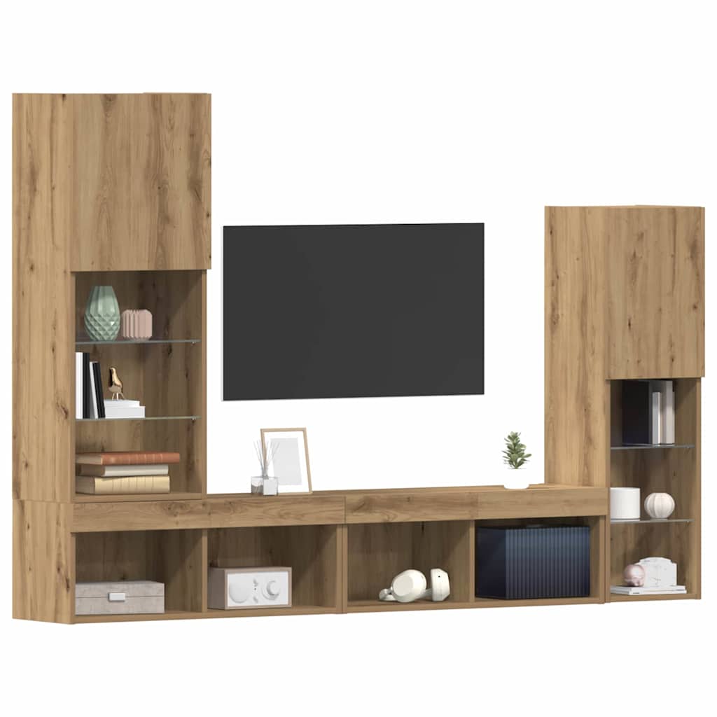 4 Piece TV Wall Units with LED Engineered Wood Artisan oak