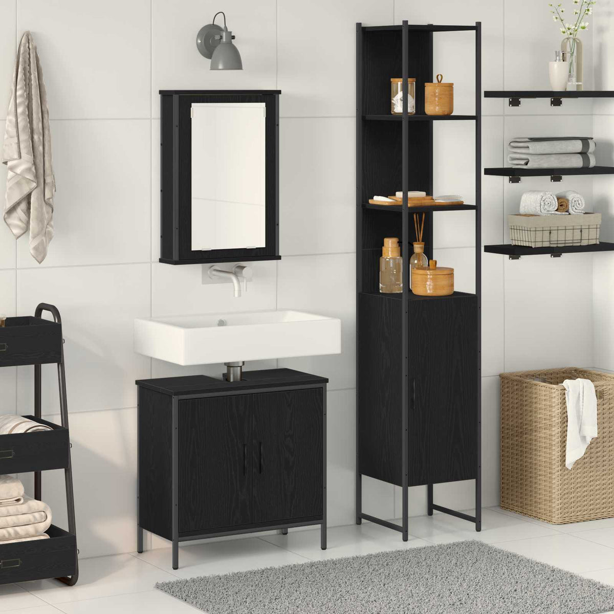 3 Piece Bathroom Furniture Set Engineered Wood Black oak