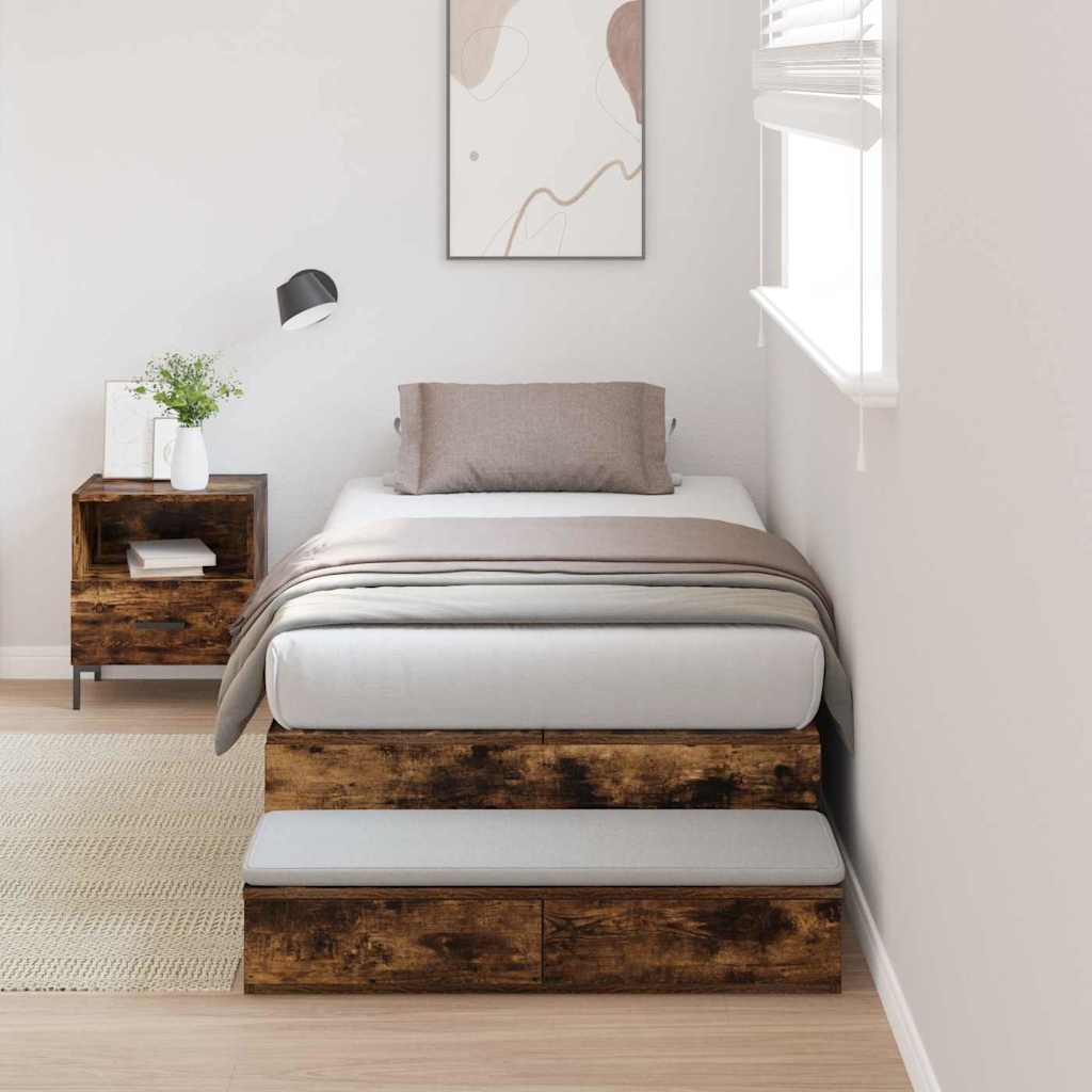 vidaXL Storage Bed Frame with Drawer Smoked Oak 90 cm Engineered Wood 1