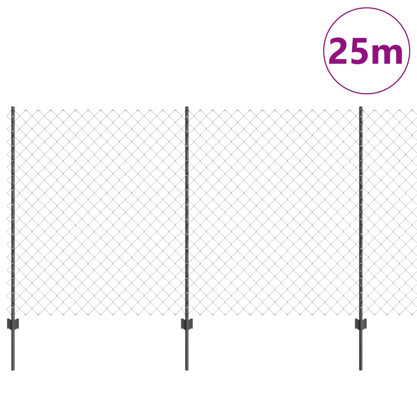 vidaXL Chainlink Fence with Post 25 x 1.4 m PVC-Coated Steel Grey Mesh 3