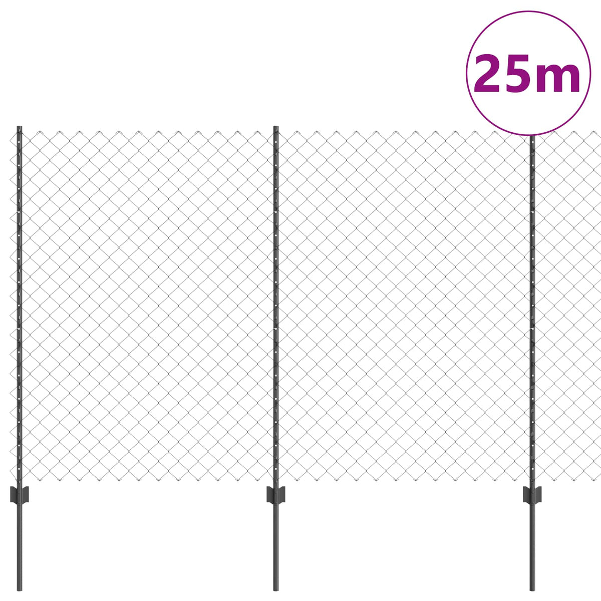 vidaXL Chainlink Fence with Post 25 x 1.6 m PVC-Coated Steel Grey Mesh 3