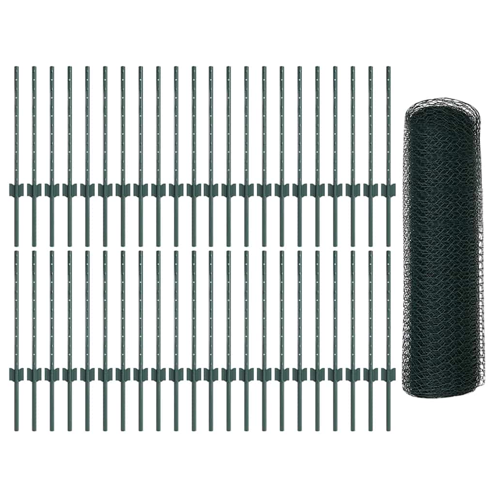 vidaXL Hexagonal Fence with Post 100 x 0.6 m PVC-Coated Steel Green 5