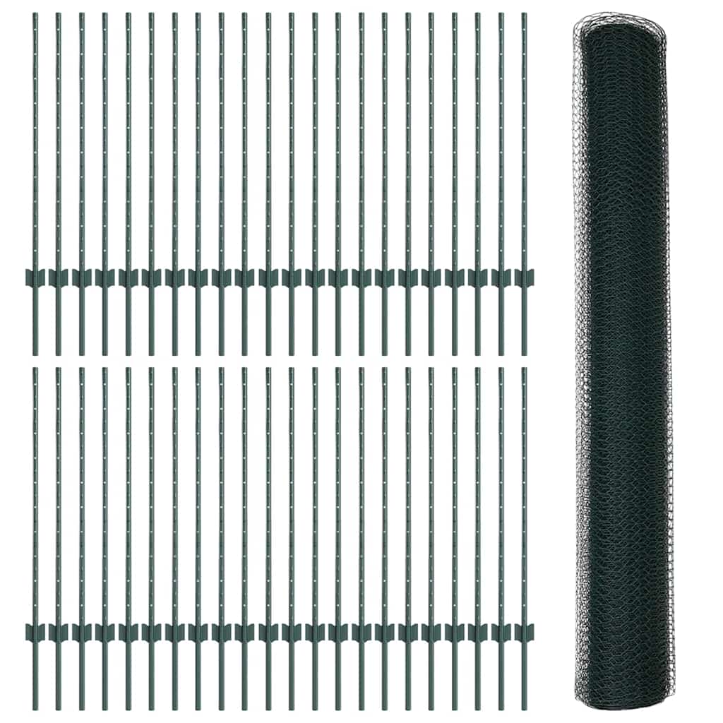 vidaXL Hexagonal Fence with Post 100 x 1 m PVC-Coated Steel Green Mesh 5