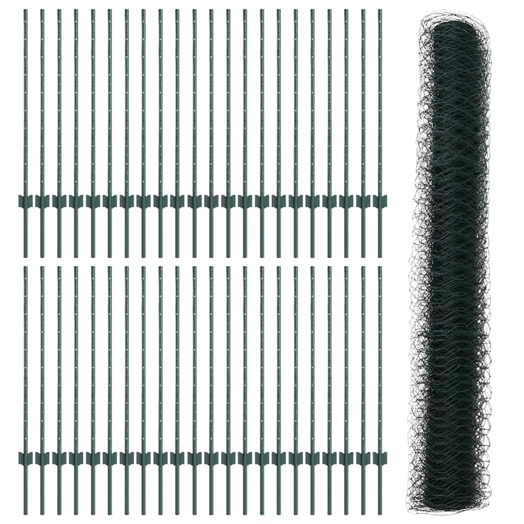 vidaXL Hexagonal Fence with Post 100 x 1 m PVC-Coated Steel Green Mesh 5