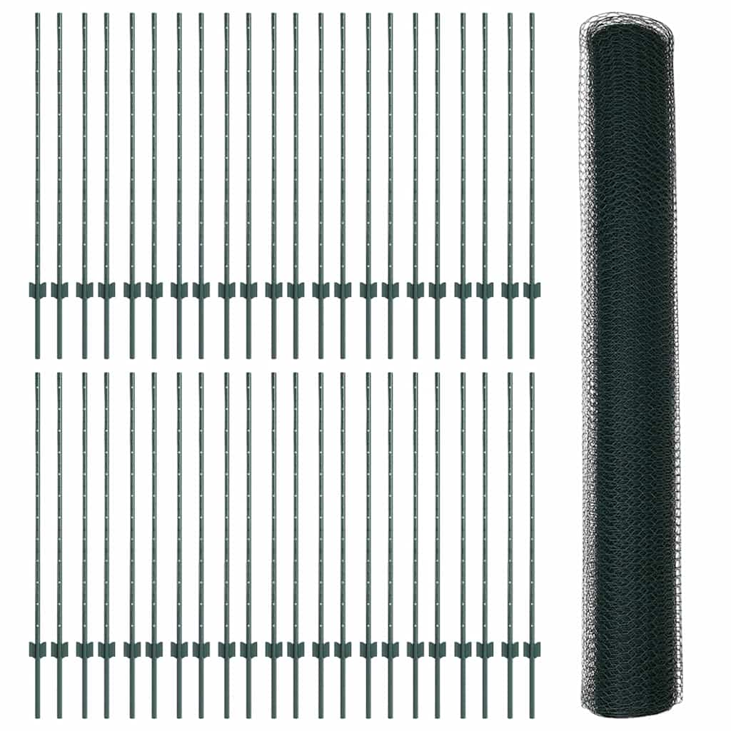 vidaXL Hexagonal Fence with Post 100 x 1.2 m PVC-Coated Steel Green 5