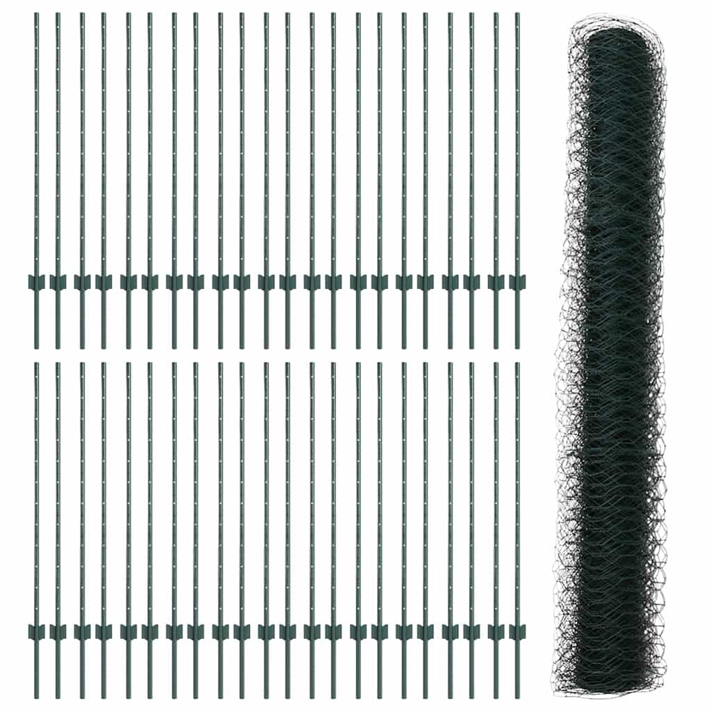 vidaXL Hexagonal Fence with Post 100 x 1.2 m PVC-Coated Steel Green 5