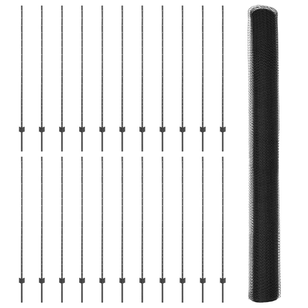 vidaXL Hexagonal Fence with Post 50 x 1.5 m PVC-Coated Steel Grey Mesh 5