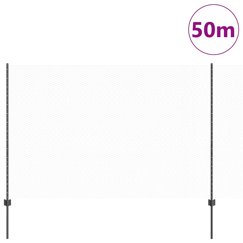 vidaXL Hexagonal Fence with Post 50 x 1.6 m PVC-Coated Steel Grey Mesh 3