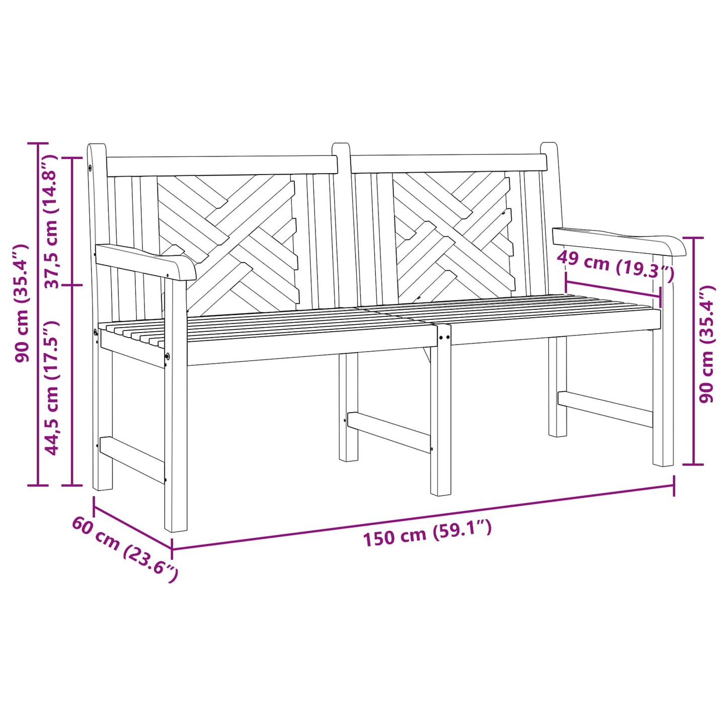 vidaXL Garden Bench 150 x 60 x 90 cm Solid Teak Wood 5