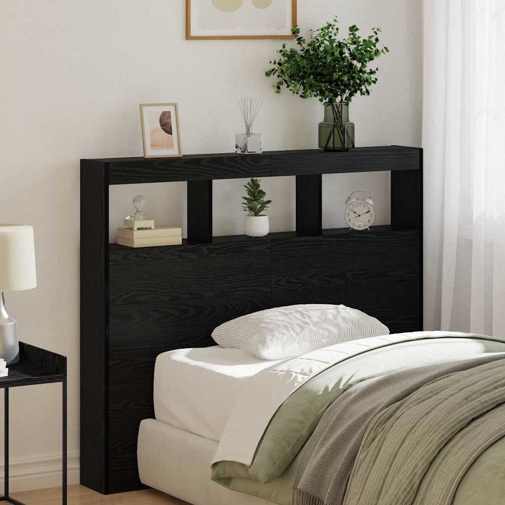 Headboard Cabinet with LED 120 x 17 x 102 cm Black oak