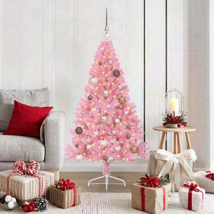 Artificial Pre-lit Christmas Tree PVC 150 cm Pink with 60 rose gold balls