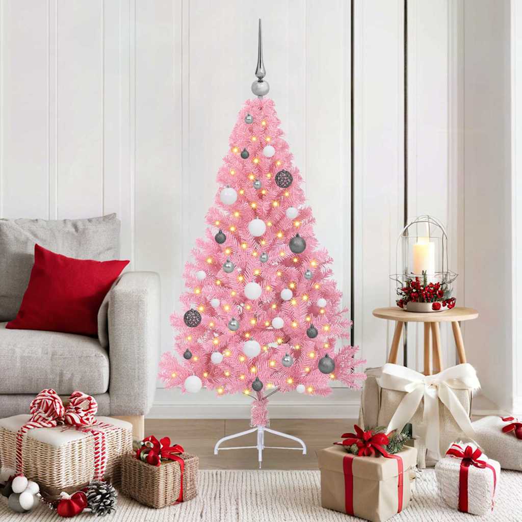Artificial Pre-lit Christmas Tree PVC 150 cm Pink with 60 white/grey balls