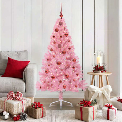 Artificial Pre-lit Christmas Tree PVC 150 cm Pink with 61 red balls