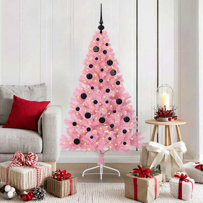 Artificial Pre-lit Christmas Tree PVC 150 cm Pink with 61 black balls