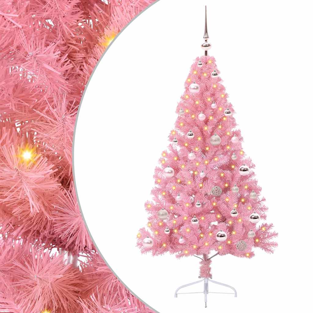 Artificial Pre-lit Christmas Tree PVC 150 cm Pink with 61 pink balls