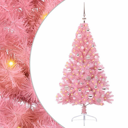 Artificial Pre-lit Christmas Tree PVC 150 cm Pink with 61 pink balls