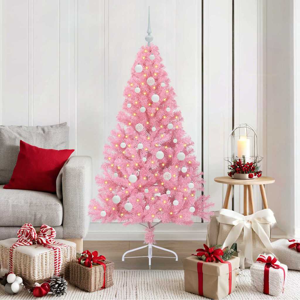 Artificial Pre-lit Christmas Tree PVC 150 cm Pink with 61 white balls