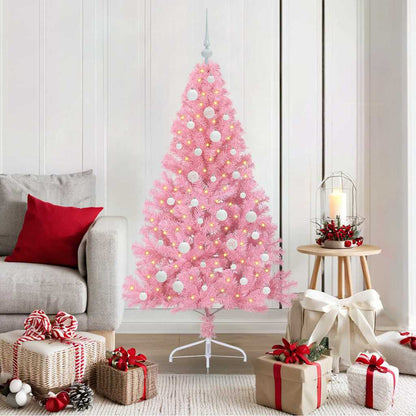 Artificial Pre-lit Christmas Tree PVC 150 cm Pink with 61 white balls