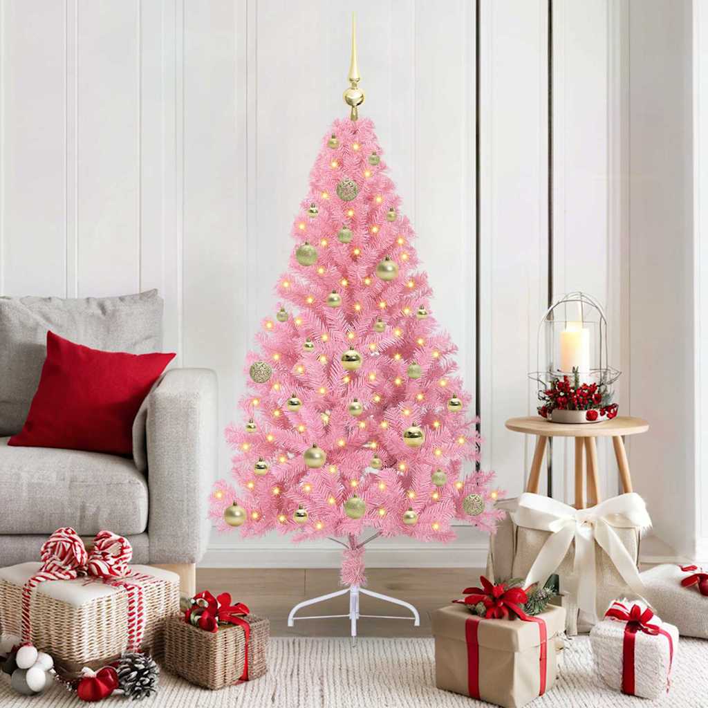 Artificial Pre-lit Christmas Tree PVC 150 cm Pink with 61 gold balls