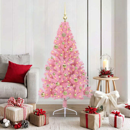 Artificial Pre-lit Christmas Tree PVC 150 cm Pink with 61 gold balls