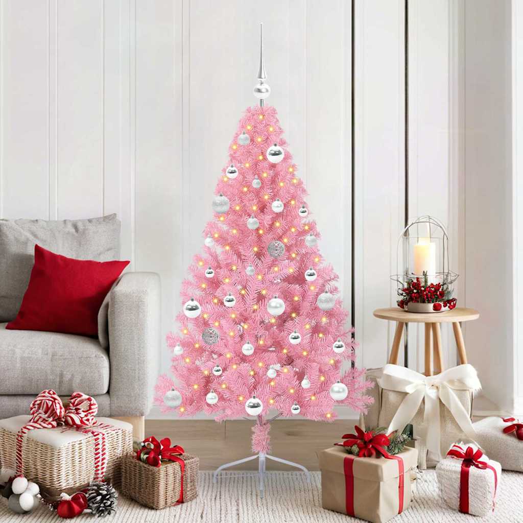 Artificial Pre-lit Christmas Tree PVC 150 cm Pink with 61 silver balls