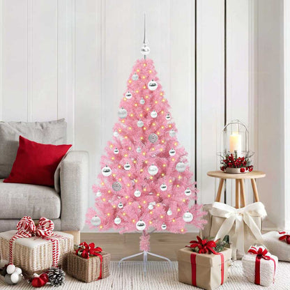 Artificial Pre-lit Christmas Tree PVC 150 cm Pink with 61 silver balls