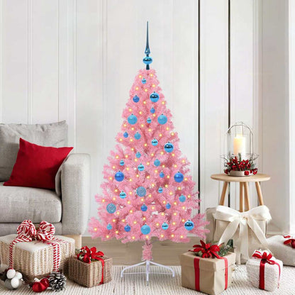 Artificial Pre-lit Christmas Tree PVC 150 cm Pink with 61 blue balls