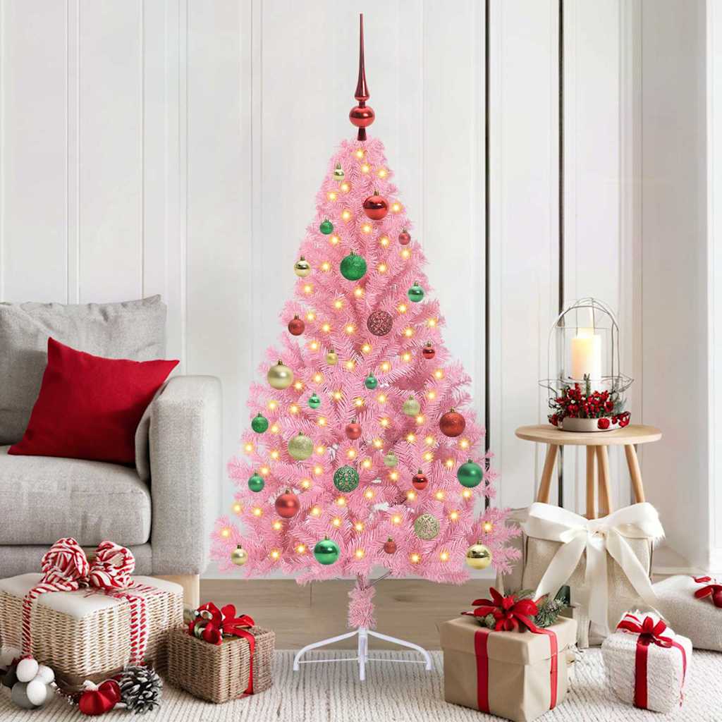 Artificial Pre-lit Christmas Tree PVC 150 cm Pink with 61 multicolour balls
