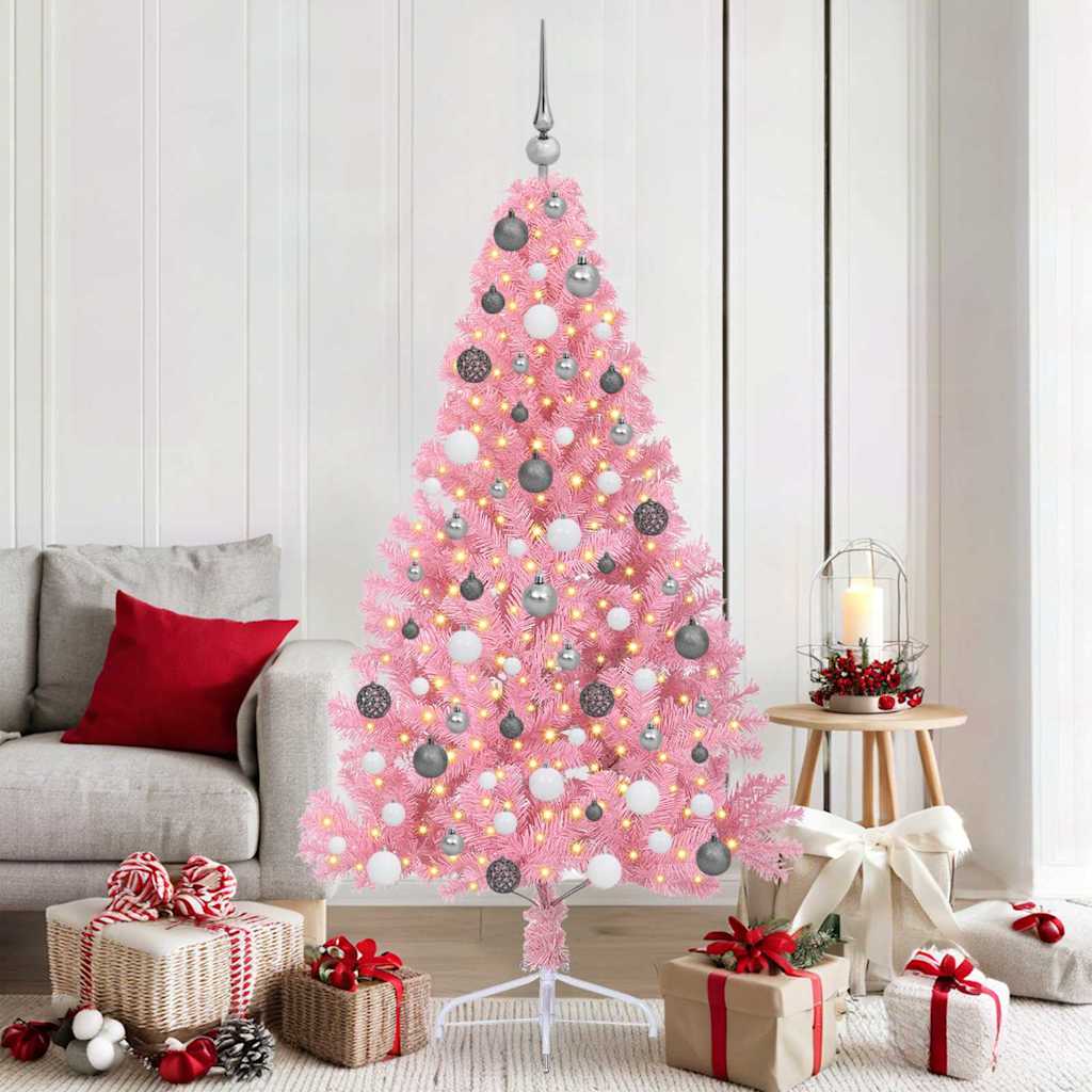 Artificial Pre-lit Christmas Tree PVC 180 cm Pink with 120 white/grey balls